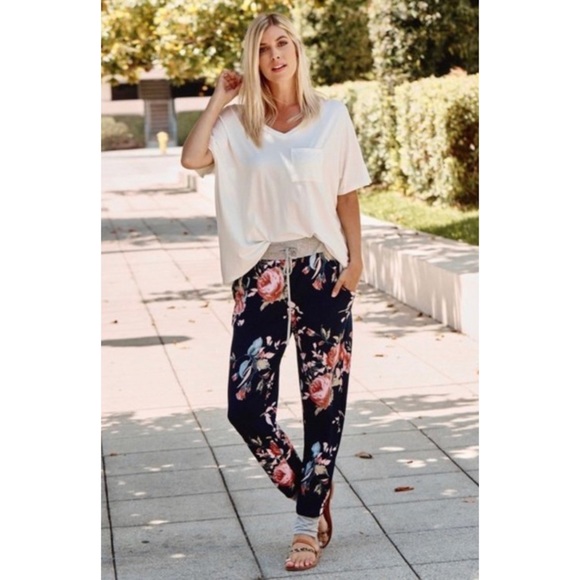 Navy Floral Jogger Sweatpants Lounge Casual Pants - Picture 7 of 7